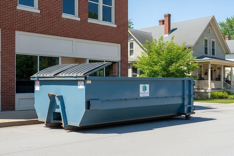 Dumpster delivery truck unloading container