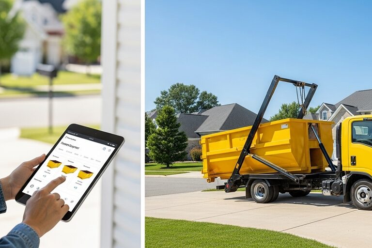 Dumpster delivery truck unloading container