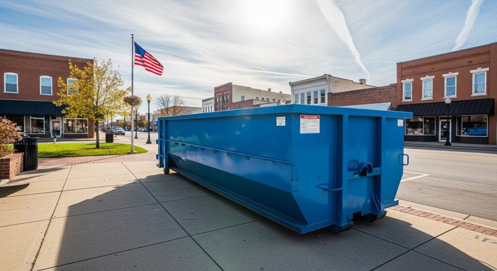 Roll off dumpster on residential driveway Title: Roll off dumpster Shelbyville