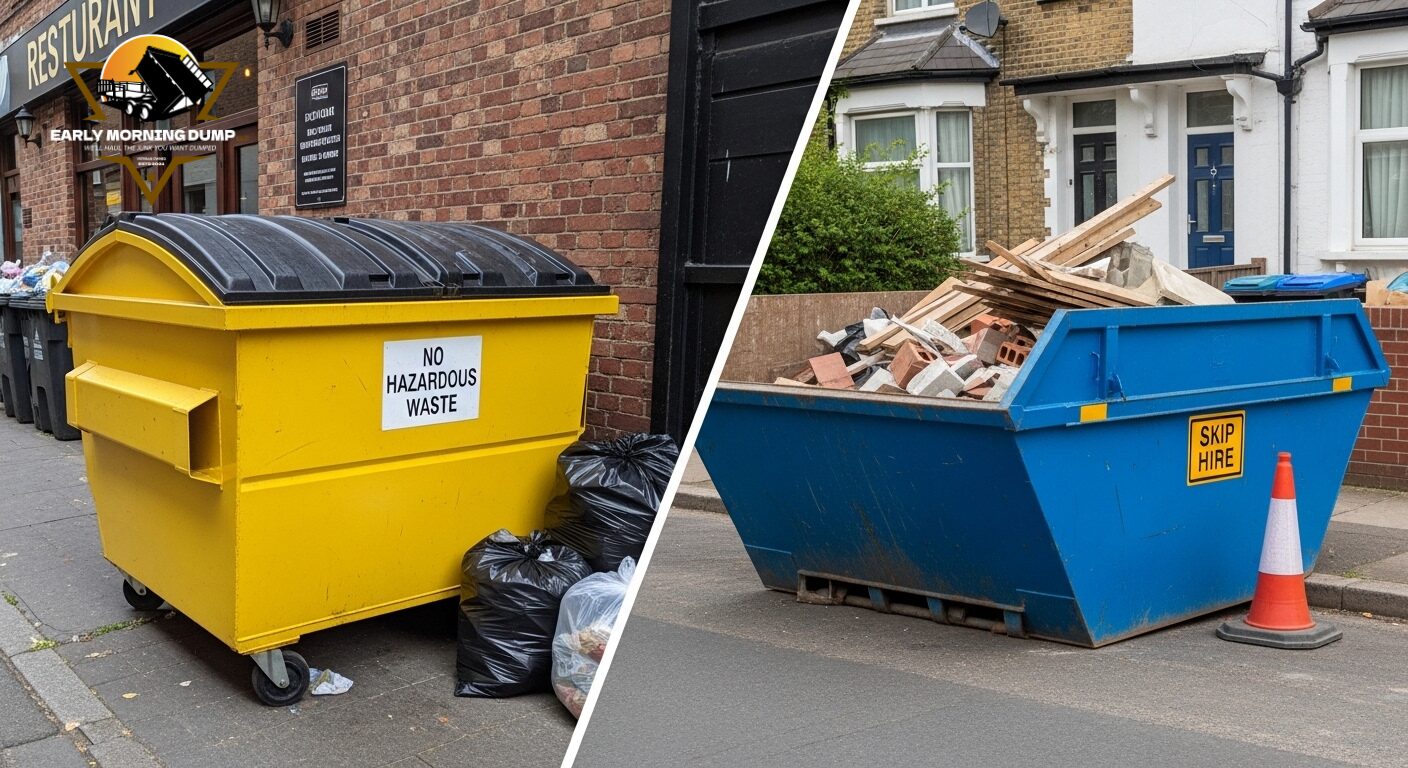 Difference between a dumpster and a skip showing size, shape, and waste capacity comparison