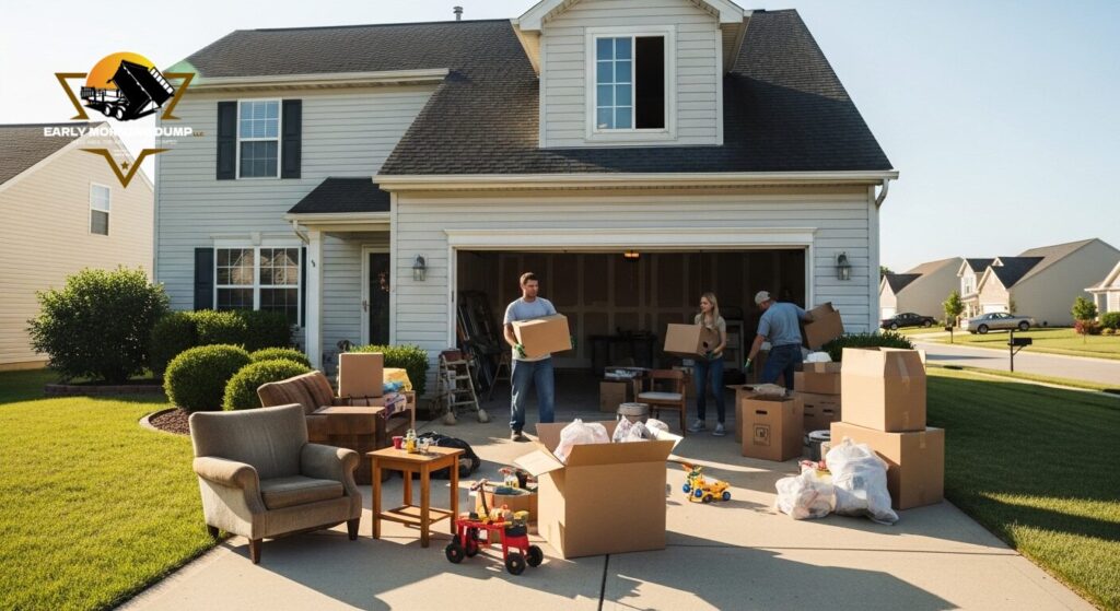 Garage cleanout Mooresville IN with team removing old furniture and clutter
