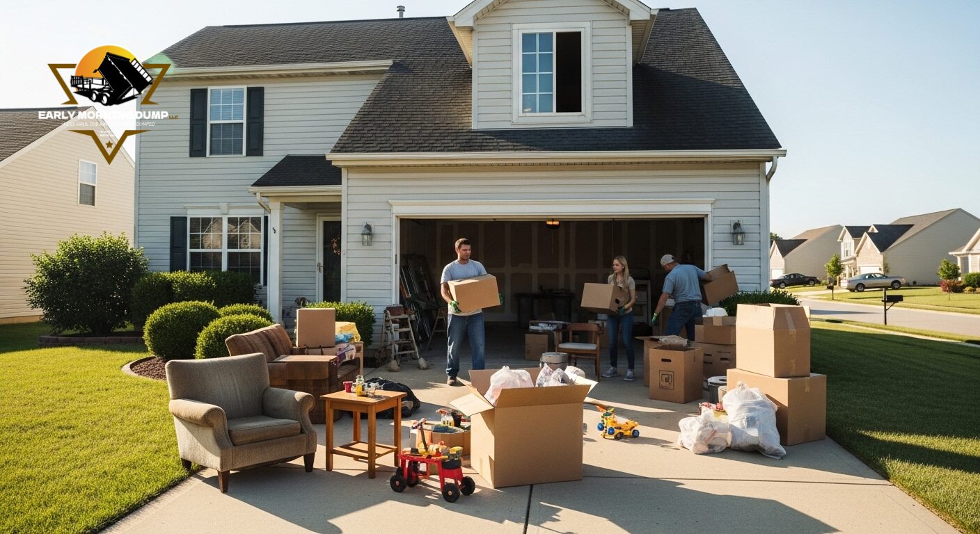 Garage cleanout Mooresville IN with team removing old furniture and clutter