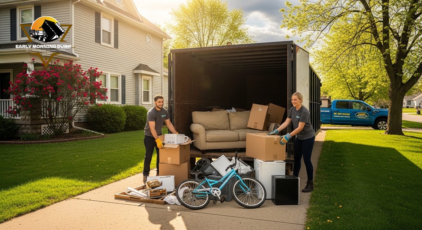 Residential junk removal Martinsville IN team hauling furniture and appliances from a home