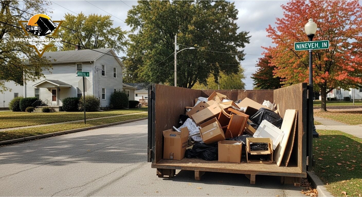 Roll-off dumpster rental Nineveh IN placed in driveway for home renovation project
