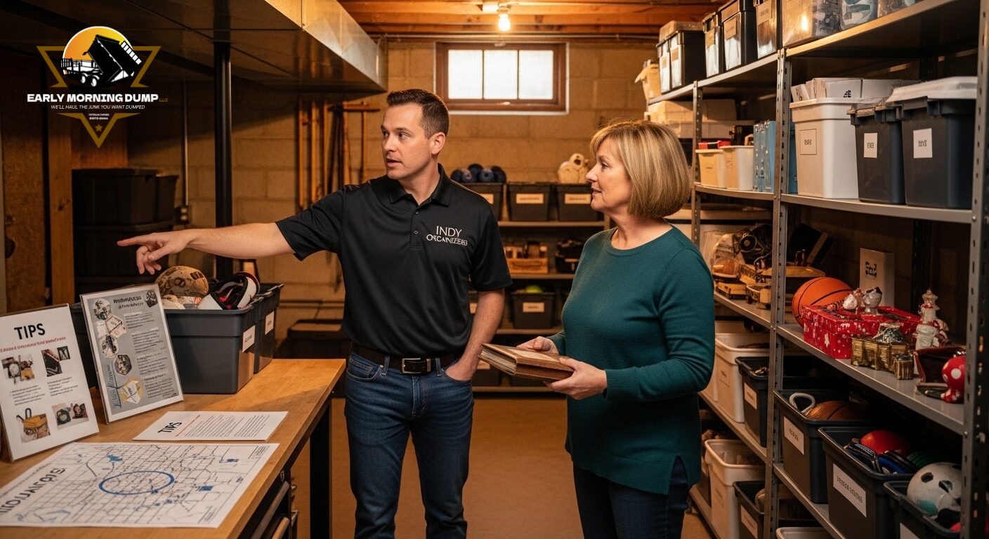 Basement cleanout Indianapolis IN with team removing old furniture and boxes